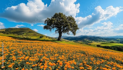 Vibrant Orange Wildflower Field Beneath Blue Sky with Fluffy Clouds and Lone Tree in Landscape photo