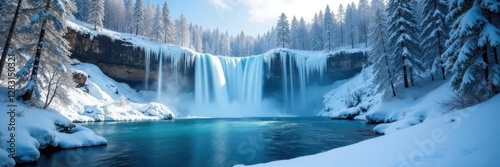 Majestic frozen waterfall in the heart of a snow-covered forest, frozen landscape, frozen lake
