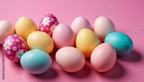 Wallpaper Mural Colored Easter eggs on pink background. Happy Easter template, banner. AI generated. Torontodigital.ca