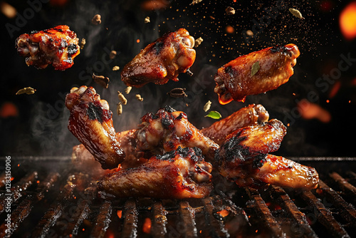 Grilled wings in flight with drops of marinade and flying spices photo