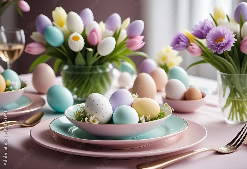 Table setting, festive lunch, happy easter, plates of flowers and easter colored eggs.