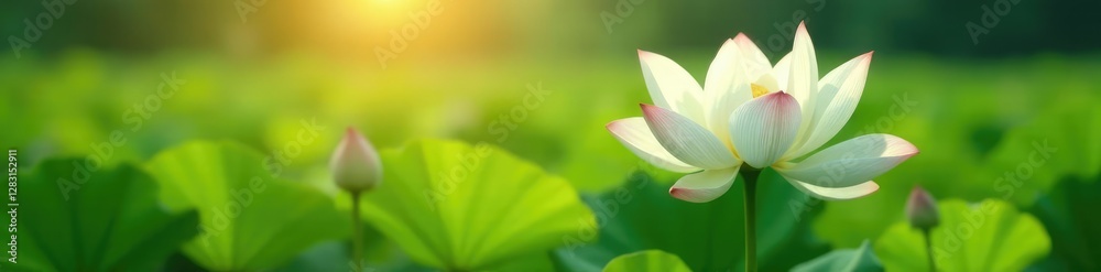 Soft light illuminates the white lotus in a field, dreamy, gentle