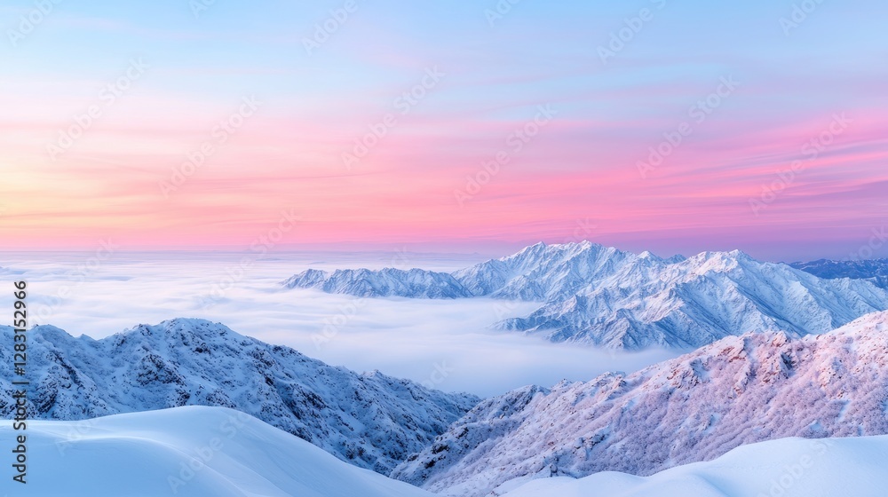 Fototapeta premium Snow-covered mountain peaks rise above a thick sea of clouds under a vibrant pink and purple sunset sky.