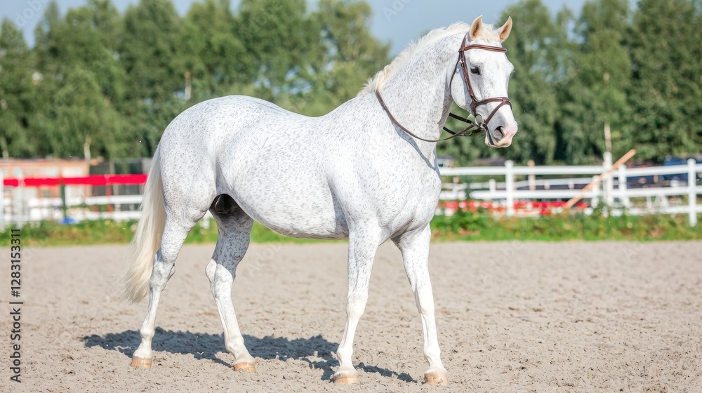 Fototapeta premium Dapple grey horse in equestrian arena