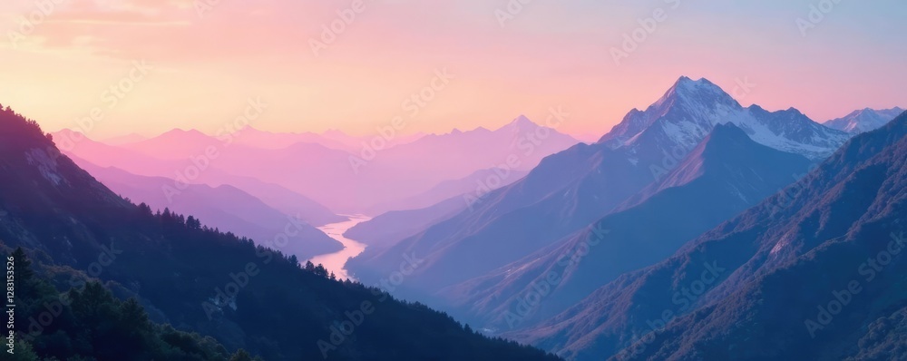 Fototapeta premium Soft pastel shades spread across the mountain range at dawn, valley, mountains