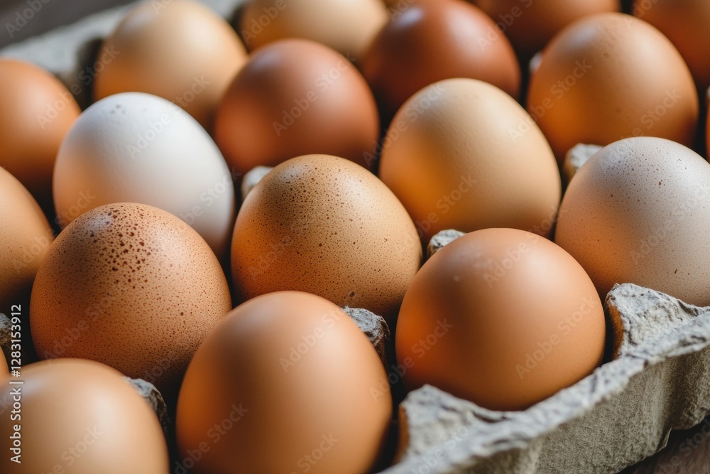 Fresh eggs of various shades packed in a carton on a wooden surface in a kitchen setting. Generative AI Fresh eggs of various shades packed in a carton on a wooden surface in a kitchen setting. Generative AI