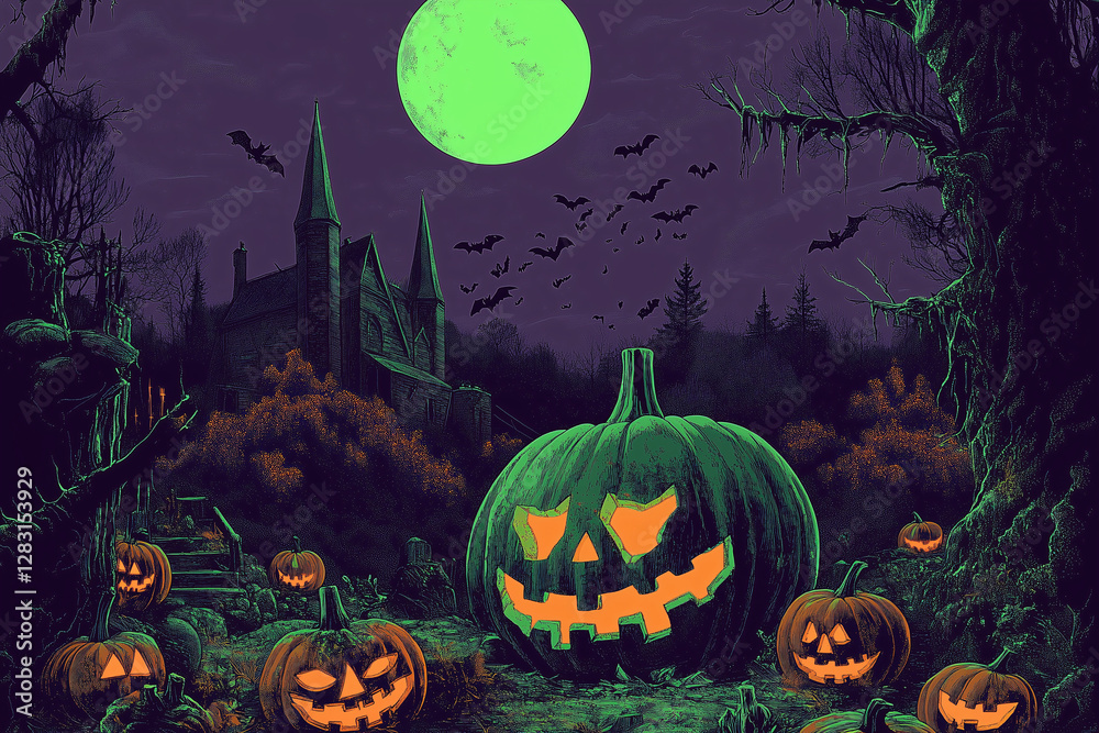 Fototapeta premium Spooky Halloween Pumpkin Patch Under the Glow of a Full Moon: A chilling Halloween scene with carved pumpkins, silhouettes of bats, and a gothic castle under a neon green full moon.
