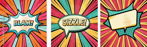 Set of vivid empty comic book speech bubble, Sizzle and Blam bold text on retro pop art background,  for advertising, marketing, promotions and dynamic social media post communications