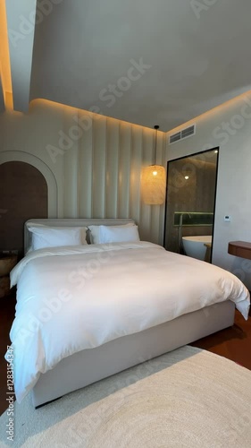 Bedroom in a chic expensive villa in Dubai, illuminated by sunlight