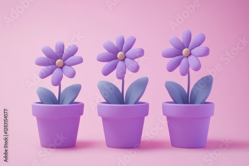 3D render of three purple flowers in pots on a pink background. Decorative flowers, Home gardening and Eco-friendly home Concept