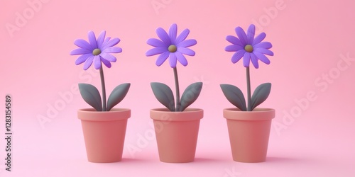 3D render of three purple flowers in pots on a pink background. Decorative flowers, Home gardening and Eco-friendly home Concept