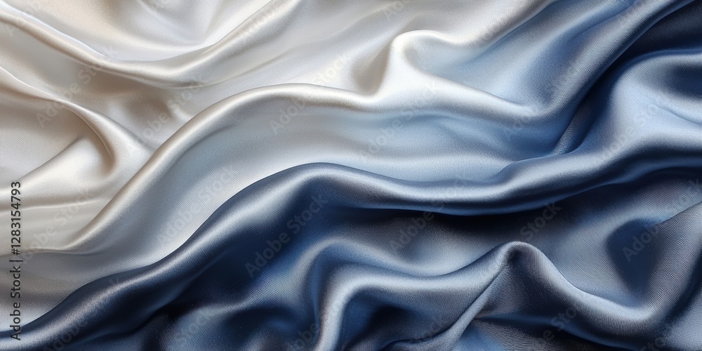 Obraz premium A close-up of two layers of smooth, flowing satin fabric in shades of blue and white, creating an elegant background texture