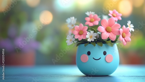 A cute blue and pink flower pot with flowers on blurred background, happy smiley face, close-up shot, Spring flowers Concept