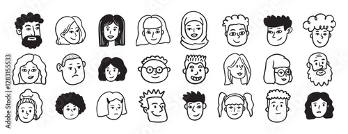 Faces people different avatars doodle hand drawn icon set. Outline drawing head people line clipart symbol collection