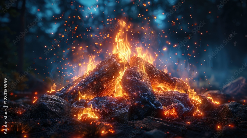 Burning campfire with flames and glowing sparks in a forest Burning campfire with flames and glowing sparks in a forest