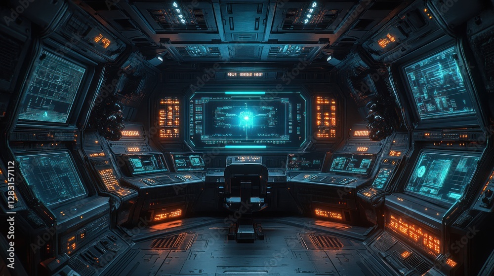 Fototapeta premium Futuristic spaceship cockpit, monitoring console, glowing interface