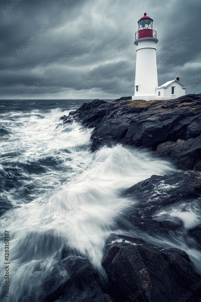 A lighthouse stands tall on a rugged shoreline, surrounded by a cloudy sky A lighthouse stands tall on a rugged shoreline, surrounded by a cloudy sky