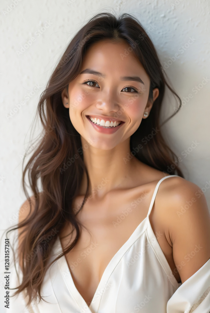 Realistic 4K portrait of a happy young woman with radiant skin, smiling warmly, and looking directly at the camera, with long, flowing hair and wearing a simple, elegant outfit. Realistic 4K portrait of a happy young woman with radiant skin, smiling warmly, and looking directly at the camera, with long, flowing hair and wearing a simple, elegant outfit.