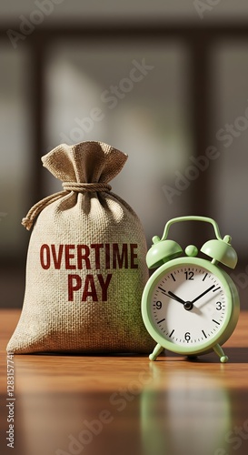 a money bag with overtime pay near a clock. Concept of additional compensation payment and incentive to work overtime. Wage increases, bonuses, extra hours, payroll benefits for hard work