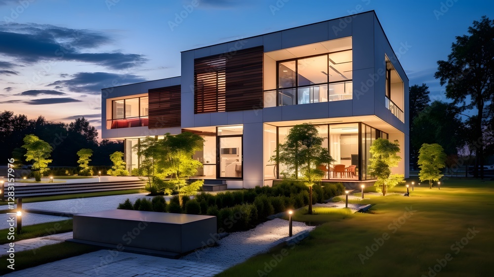 Sleek and Modern Contemporary House with Exterior Smart Lighting System Automatically Activated at Dusk Providing Elegant Illumination and Curb Appeal Sleek and Modern Contemporary House with Exterior Smart Lighting System Automatically Activated at Dusk Providing Elegant Illumination and Curb Appeal