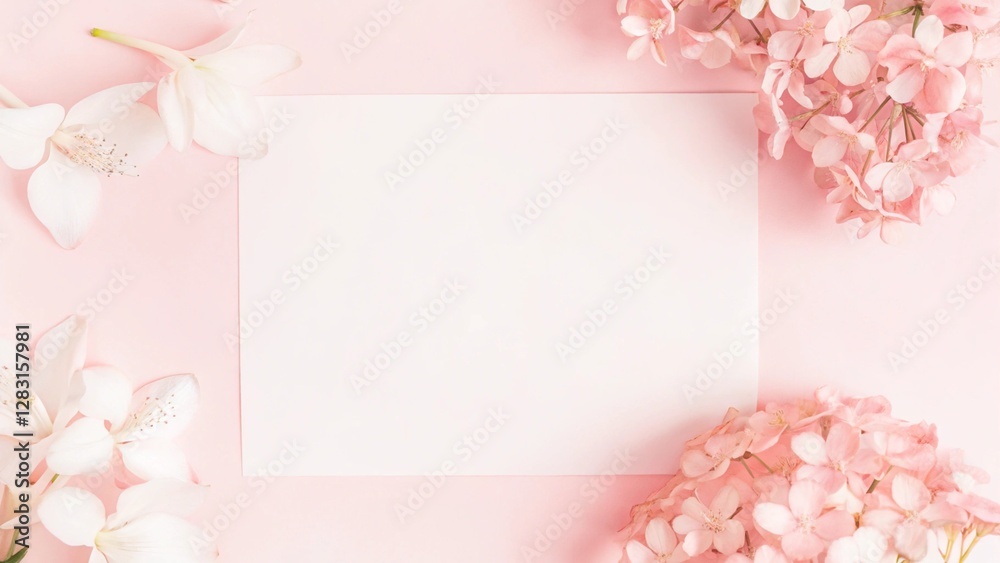 Obraz premium Flowers composition. Pink and white flowers on a pastel pink background. Happy Women's Day, Wedding, Mother's Day, Easter, Valentine's Day. Flat lay, top view. 