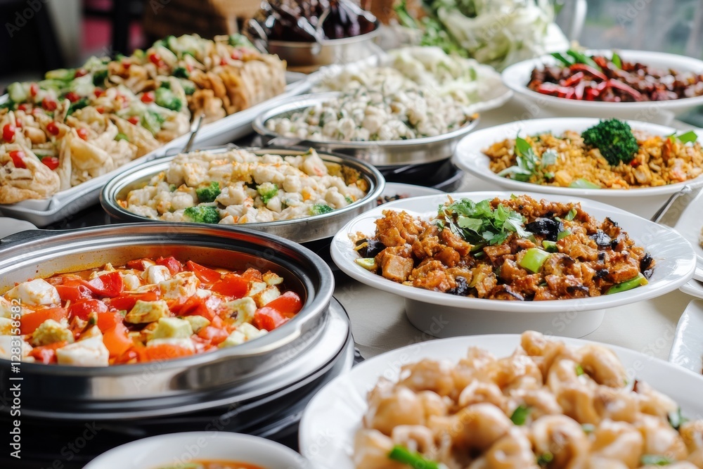 Delicious variety of food displayed on tables at a banquet during a festive gathering in a vibrant cultural setting. Generative AI Delicious variety of food displayed on tables at a banquet during a festive gathering in a vibrant cultural setting. Generative AI