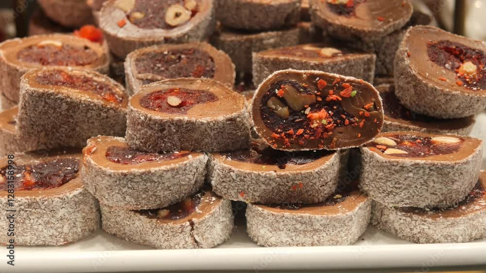 Turkish delight preparation with assorted flavors showcased