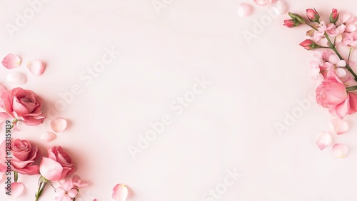 Flowers composition. Frame made of pink flowers on a pastel pink background. Valentine's Day, Mother's Day, and Women's Day concepts. Flat lay, top view, copy space