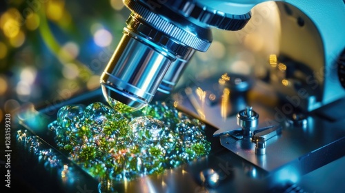 A microscope with crystals on the lens and around the rim, suitable for medical or scientific illustrations