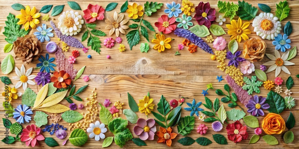 Fototapeta premium Colorful mosaic of flowers and leaves on a wooden board with scattered paper scraps and glue sticks, creating an abstract background, abstract background, glue