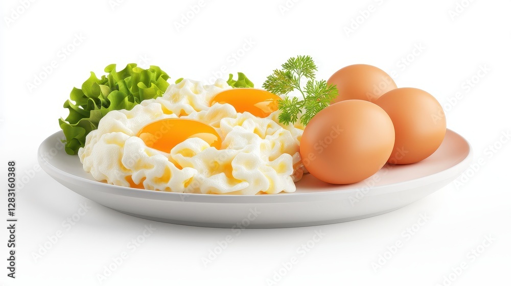 Soft Scrambled Eggs with Fresh Herbs and Side of Brown Eggs Presented on White Plate Isolated on White Background Soft Scrambled Eggs with Fresh Herbs and Side of Brown Eggs Presented on White Plate Isolated on White Background