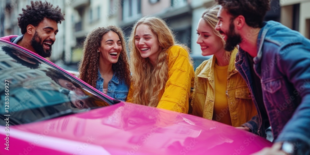 Fototapeta premium A group of people gathered near a pink car