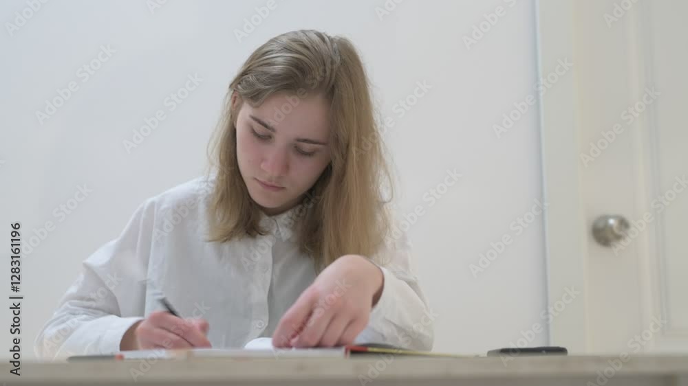 Schoolgirl in white shirt sits at desk with notebooks, textbooks, smartphone and laptop, does homework, online distance learning Schoolgirl in white shirt sits at desk with notebooks, textbooks, smartphone and laptop, does homework, online distance learning