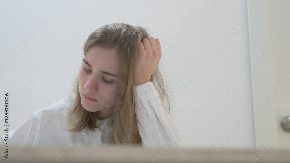 Schoolgirl in white shirt sits at desk with notebooks, textbooks, smartphone and laptop, does homework, online distance learning Schoolgirl in white shirt sits at desk with notebooks, textbooks, smartphone and laptop, does homework, online distance learning