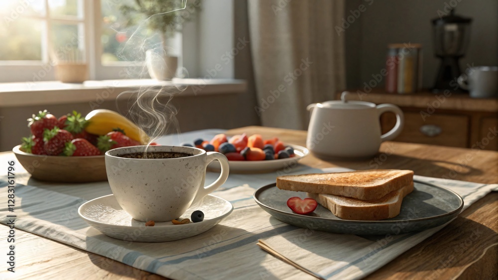 Cozy Breakfast Scene with Coffee, Toast, Fruit, and Morning Light in a Bright Kitchen Cozy Breakfast Scene with Coffee, Toast, Fruit, and Morning Light in a Bright Kitchen
