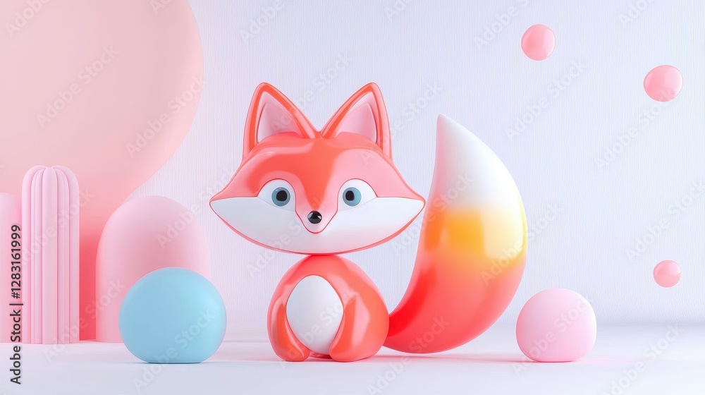 Fototapeta premium Cute and Colorful Cartoon Fox Character with Fluffy Tail and Alert Eyes Surrounded by Playful Shapes