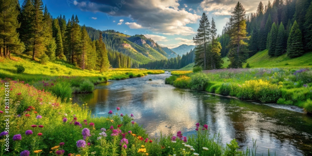 Naklejka premium Serene river flowing through a lush green valley surrounded by towering trees and vibrant wildflowers , water, outdoors