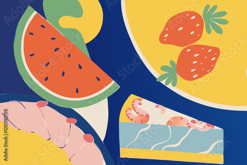 Vibrant Fruit and Dessert Illustrations Featuring Watermelon, Strawberries, and Cake on Bold Background