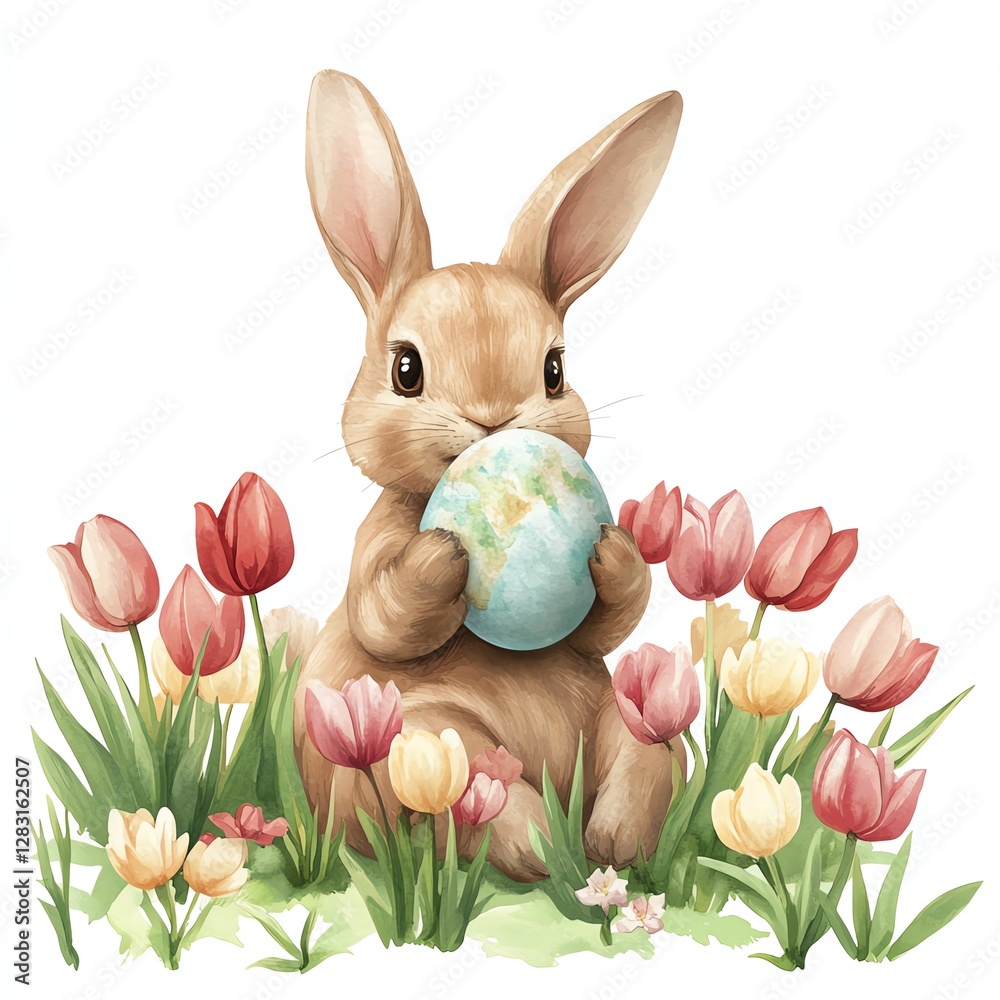 Obraz premium A cute bunny holding an Easter egg surrounded by colorful tulips in a vibrant garden.
