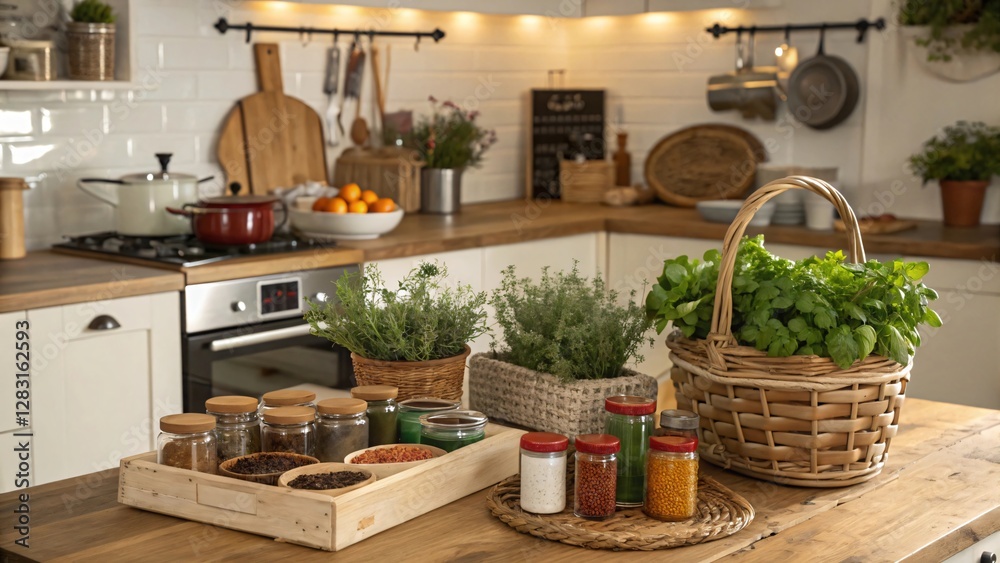 Fresh Herbs and Spices in Stylish Kitchen Setting with Wooden Table and Natural Light Fresh Herbs and Spices in Stylish Kitchen Setting with Wooden Table and Natural Light