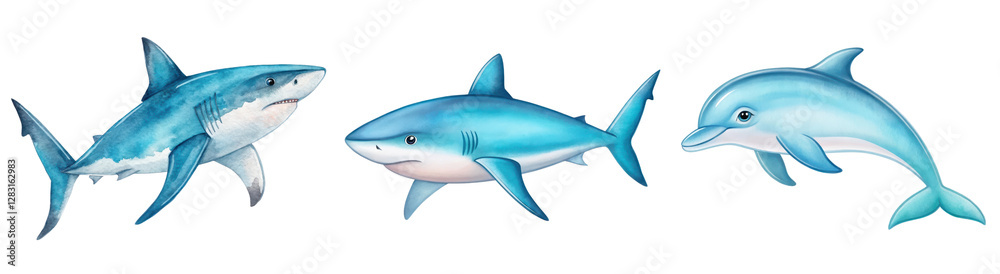 Fototapeta premium Colorful Illustration of Various Sharks Swimming in an Ocean Environment