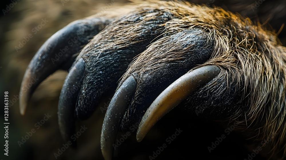 Obraz premium Close-up of a bear's paw showcasing sharp claws and textured fur, highlighting its strength and wild nature