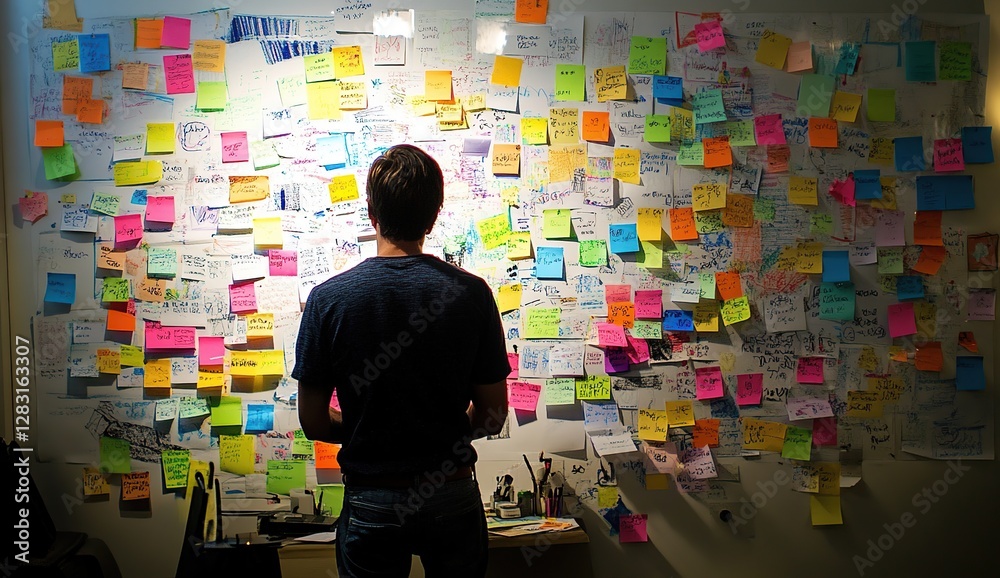 Problem Solving: Strategizing Ideas on a Wall with Colorful Sticky Notes for Enhanced Creativity and Productivity. Problem Solving: Strategizing Ideas on a Wall with Colorful Sticky Notes for Enhanced Creativity and Productivity.