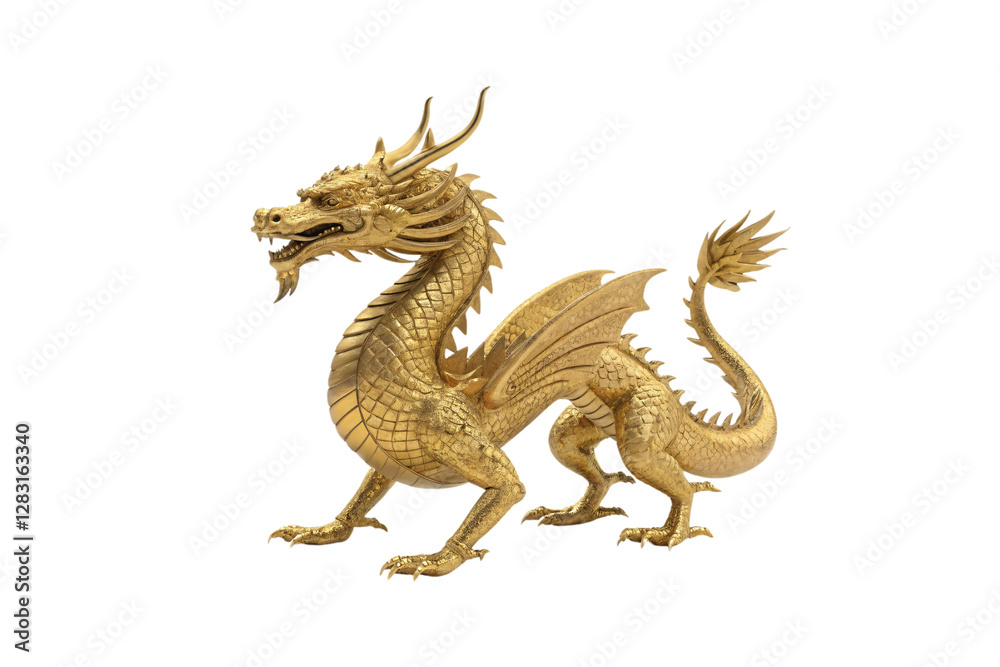 A side profile of a golden dragon, highlighting detailed scales, wings, and horns, exuding a sense of mythical authority and artistic craftsmanship, isolated on a transparent background A side profile of a golden dragon, highlighting detailed scales, wings, and horns, exuding a sense of mythical authority and artistic craftsmanship, isolated on a transparent background