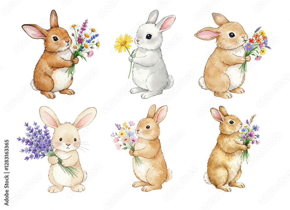 Naklejka premium Adorable Rabbit Characters Holding Colorful Bouquets of Flowers in Various Styles and Colors