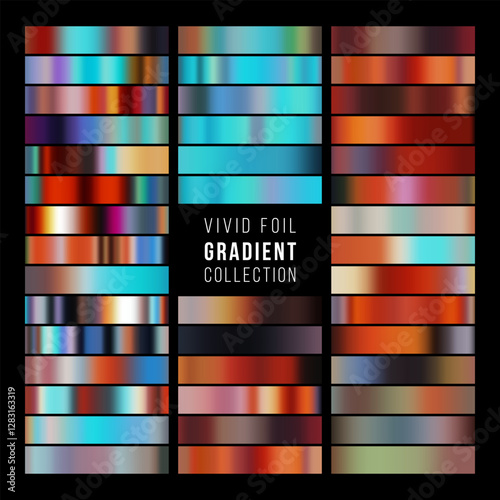 Vivid foil gradient collection with vibrant abstract metallic color swatches. Modern colorful holographic backgrounds with smooth blended hues, perfect for design projects, digital art, and templates.
