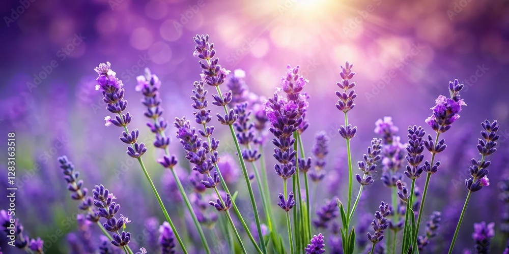 Obraz premium Softly blooming lavender flowers arranged in a lush purple background with delicate green stems and leaves, creating a serene and peaceful atmosphere , purple, still life