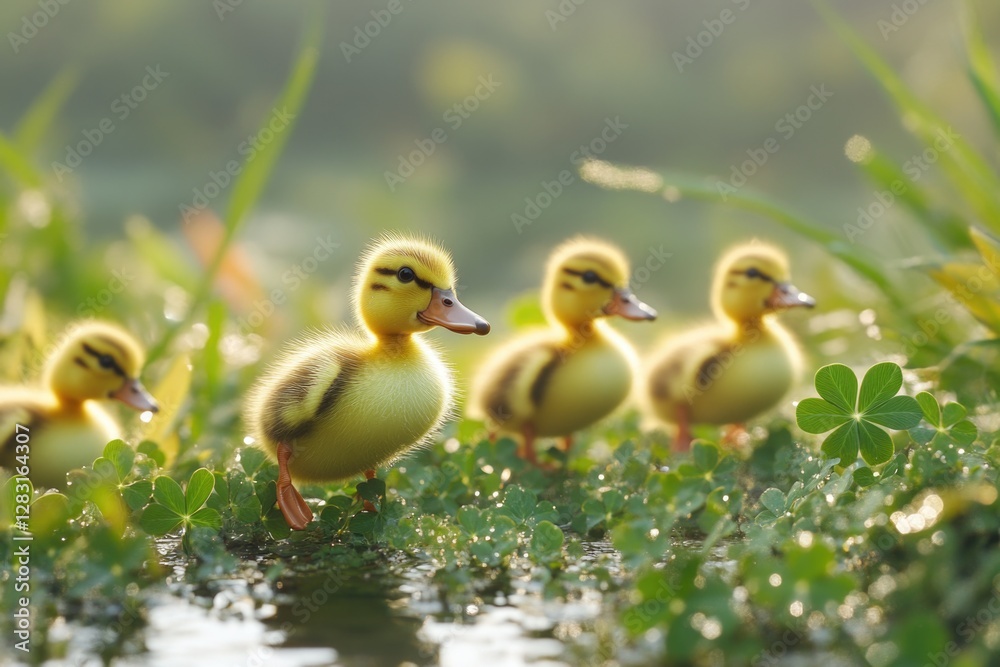 Young ducks exploring the outdoors, a moment of natural beauty Young ducks exploring the outdoors, a moment of natural beauty