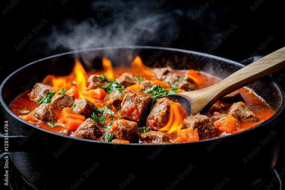 Camping, A rustic pot of stew boiling over an open fire, showcasing warmth and comfort in a natural setting. Camping, A rustic pot of stew boiling over an open fire, showcasing warmth and comfort in a natural setting.