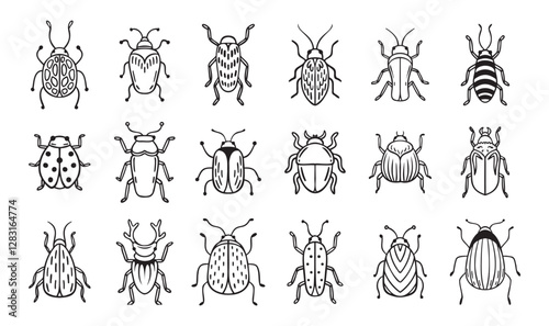 Garden bugs hand drawn outline doodle icon set. Garden bugs drawing elements simple line beetle clipart